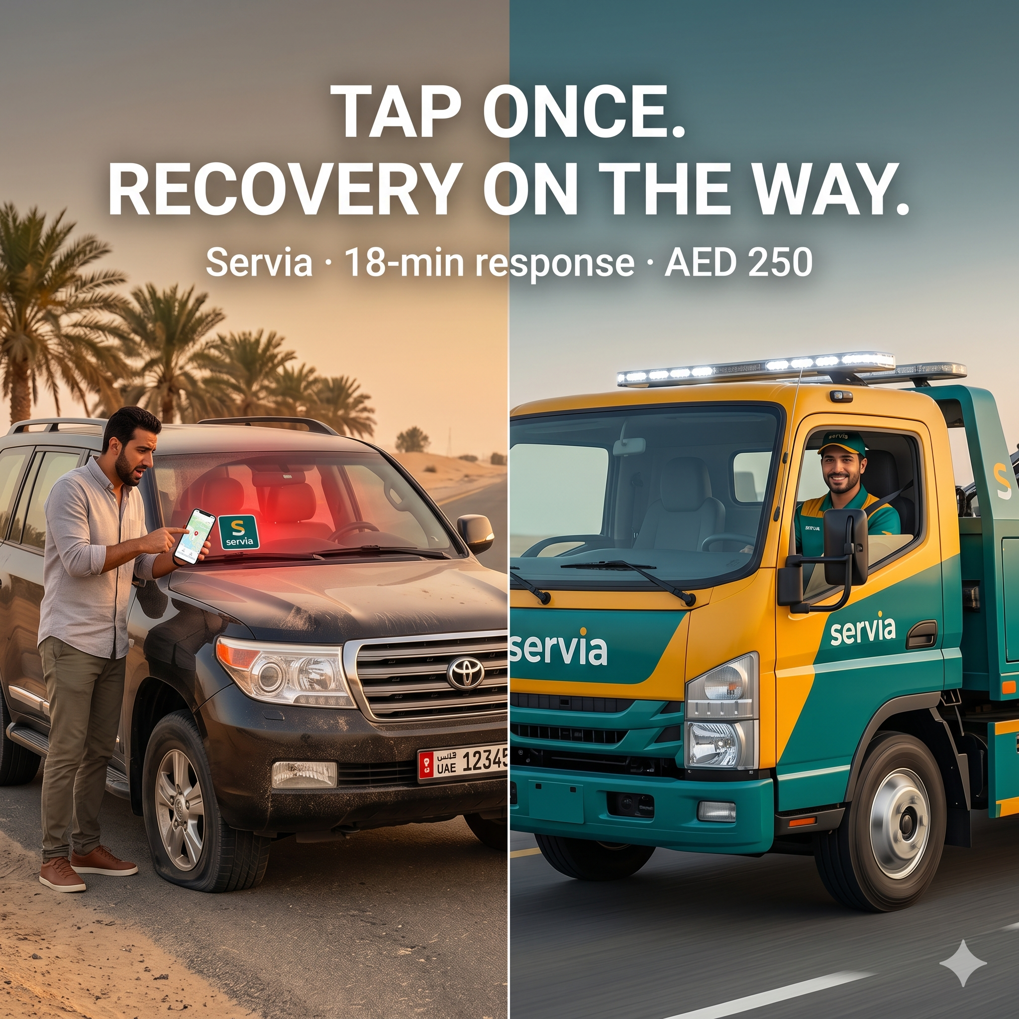 Stranded driver tapping NFC, Servia truck en route