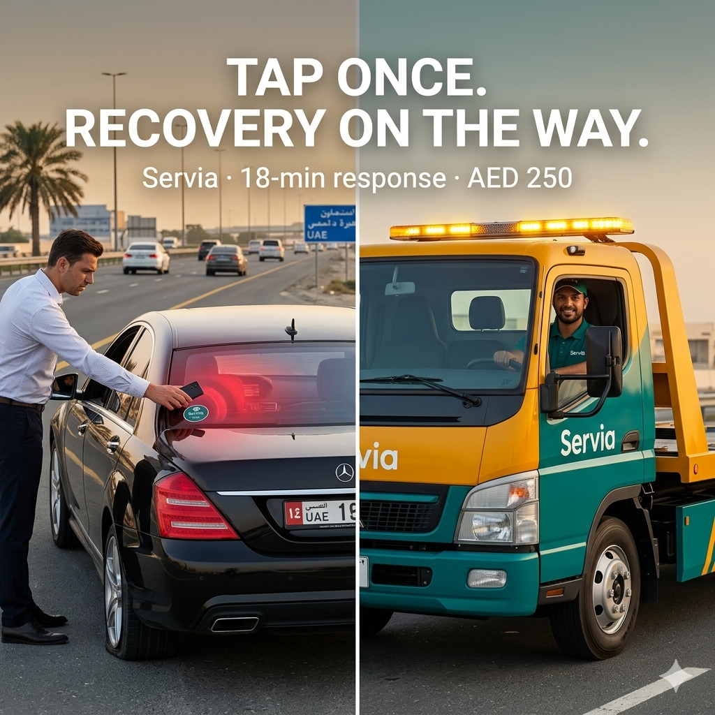 Servia tow truck arrives at Mercedes on UAE highway